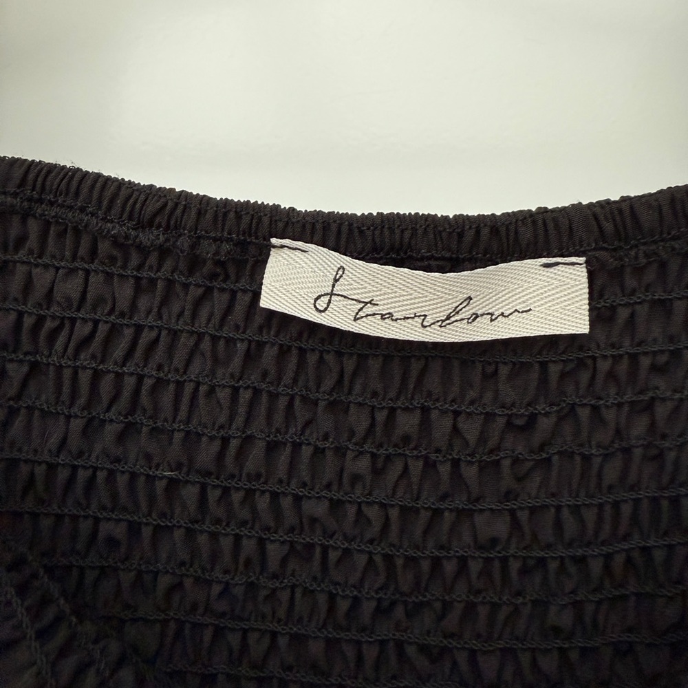 Starlow Black Sheer Sleeve Ruched Mini Dress Square Neck Ruffle Hem | Size S - Picture 8 of 9